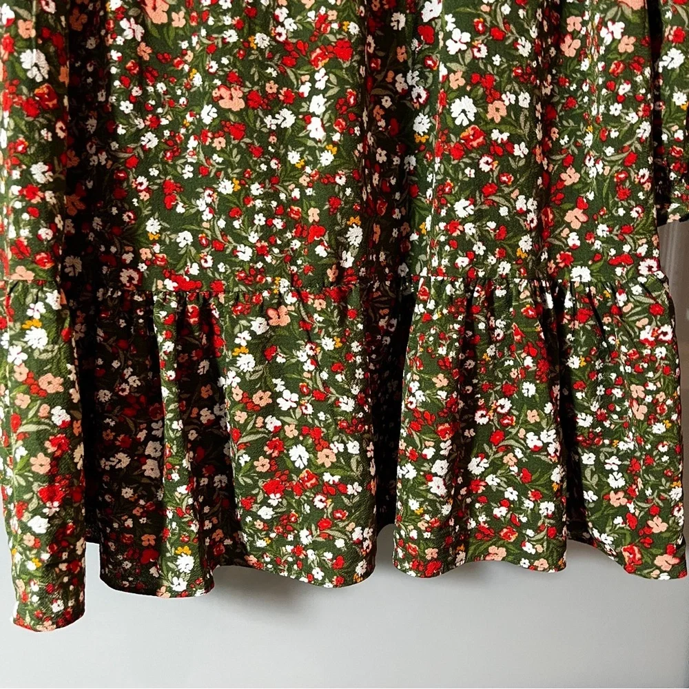 BCBG Olive Green Babydoll Micro Floral Peasant Women's XXL Dress Square Neckline - Picture 7 of 13